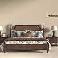 Double Bed with Brown Wooden Headboard Plaid Pillows Patterned Bedspread Side Nightstands White Lamps Molteni&C