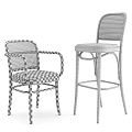 Stylish Black Metal Frame Rattan Back Padded Seat Dining Armchair And Matching High Bar Stool