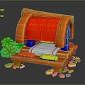 Cartoon Hut Scene With Orange Roof Red Cover Blue Supports Green Plants And Orange Stones