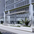 Modern Office Building Entrance Facade with Glass Curtain Wall Green Plants and Steps