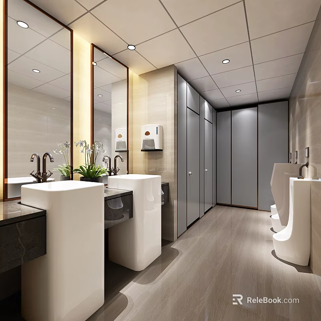 Modern Clean Public Toilet Interior With Washbasins Stalls Mirrors And Green Plants 3d model 
