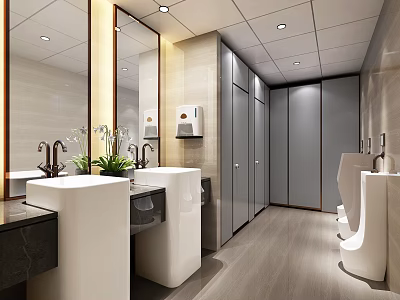 Modern Clean Public Toilet Interior With Washbasins Stalls Mirrors And Green Plants 3d model