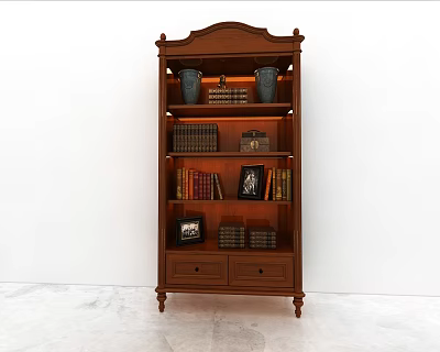 Dark Brown Wooden Bookcase With Blue Vases Books And Drawers On Shelves 3d model
