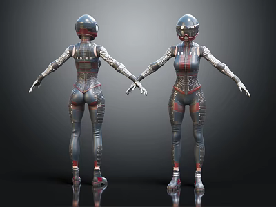 Two Robot Characters With Silver Helmets Mechanical Bodysuits Shiny Metallic Details Front And Back Views 3d model