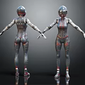 Two Robot Characters With Silver Helmets Mechanical Bodysuits Shiny Metallic Details Front And Back Views 3d model