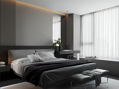 Modern Gray Bedroom Interior With Paneled Wall King Bed Bench And White Curtains 3d model
