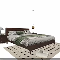 Double Bed with Brown Leather Headboard Decorative Pillows Green Blanket and Black White Checkered Rug