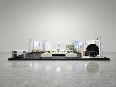 Modern Corporate Exhibition Hall Design With Booth Structure Display Screens And Green Plants 3d model