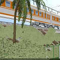 Orange And White Train Traveling On Elevated Rail With Palm Trees And Green Vegetation