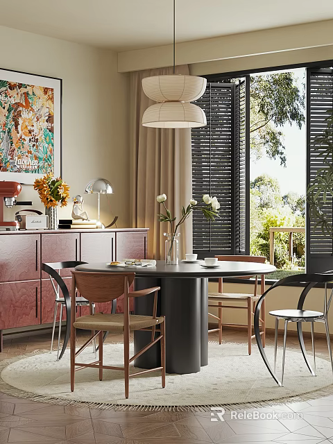 Modern Restaurant Interior With Round Dining Table Chairs Pendant Lamp Cabinet Flowers And Natural Light 3d model 
