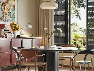 Modern Restaurant Interior With Round Dining Table Chairs Pendant Lamp Cabinet Flowers And Natural Light 3d model