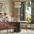 Modern Restaurant Interior With Round Dining Table Chairs Pendant Lamp Cabinet Flowers And Natural Light
