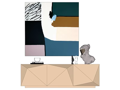 Abstract Painting On Wall Above Geometric TV Stand With Decorative Sculpture Cup And Book 3d model