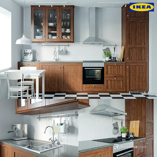 Modern Kitchen Interior With Wooden Cabinets Dining Table And Black White Checkered Floor 3d model 