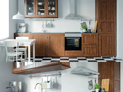 Modern Kitchen Interior With Wooden Cabinets Dining Table And Black White Checkered Floor 3d model