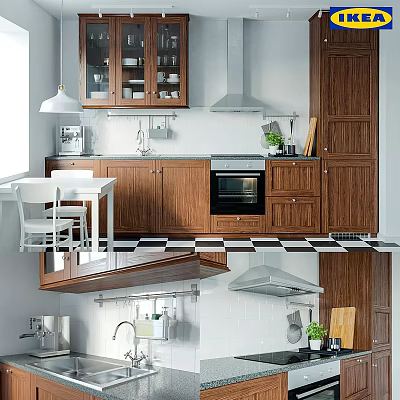 Modern Kitchen Interior With Wooden Cabinets Dining Table And Black White Checkered Floor 3d model