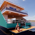 Modern Two Deck Ship With Teal And Wooden Design On Water