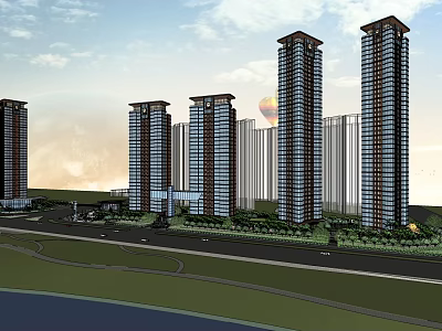 Modern Urban Commercial Complex With Tall Buildings Green Spaces And Waterfront View 3d model