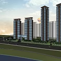 Modern Urban Commercial Complex With Tall Buildings Green Spaces And Waterfront View