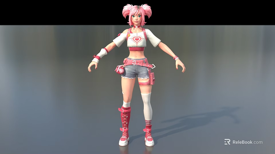 Game and Movie Character With Pink Hair White Top Red Heart Denim Shorts Red Boots 3d model 