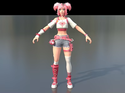Game and Movie Character With Pink Hair White Top Red Heart Denim Shorts Red Boots 3d model