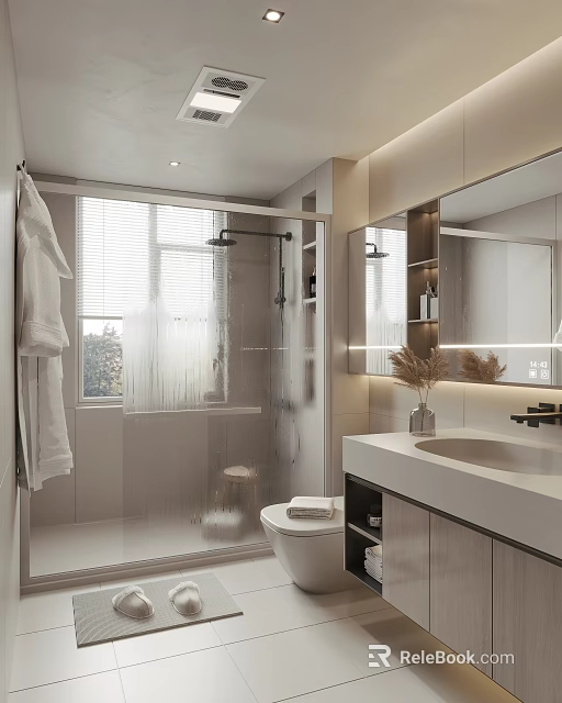 Modern Bathroom Interior Design With Open Shower Large Mirror White Vanity Blinds And Towels 3d model 