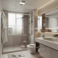 Modern Bathroom Interior Design With Open Shower Large Mirror White Vanity Blinds And Towels