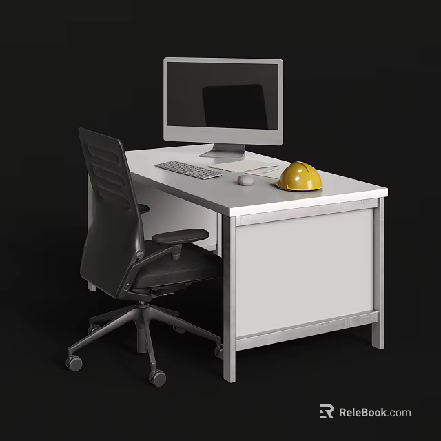 Modern Office Desk With Computer Monitor Keyboard Mouse Yellow Hard Hat And Black Office Chair 3d model 
