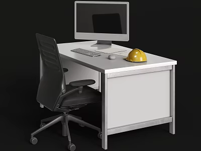 Modern Office Desk With Computer Monitor Keyboard Mouse Yellow Hard Hat And Black Office Chair 3d model