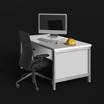 Modern Office Desk With Computer Monitor Keyboard Mouse Yellow Hard Hat And Black Office Chair 3d model