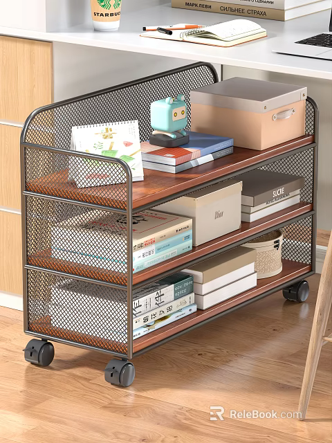 Multi Tiered Study Room Bookshelf With Metal Frame Wooden Shelves Wheels Storage Boxes And Books 3d model 