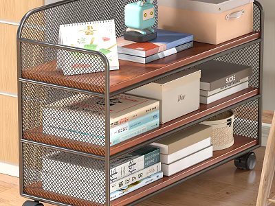 Multi Tiered Study Room Bookshelf With Metal Frame Wooden Shelves Wheels Storage Boxes And Books 3d model