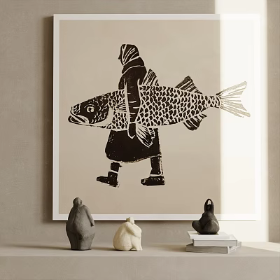 Art Print Of Figure Holding Large Fish With Decorative Sculptures In Interior 3d model