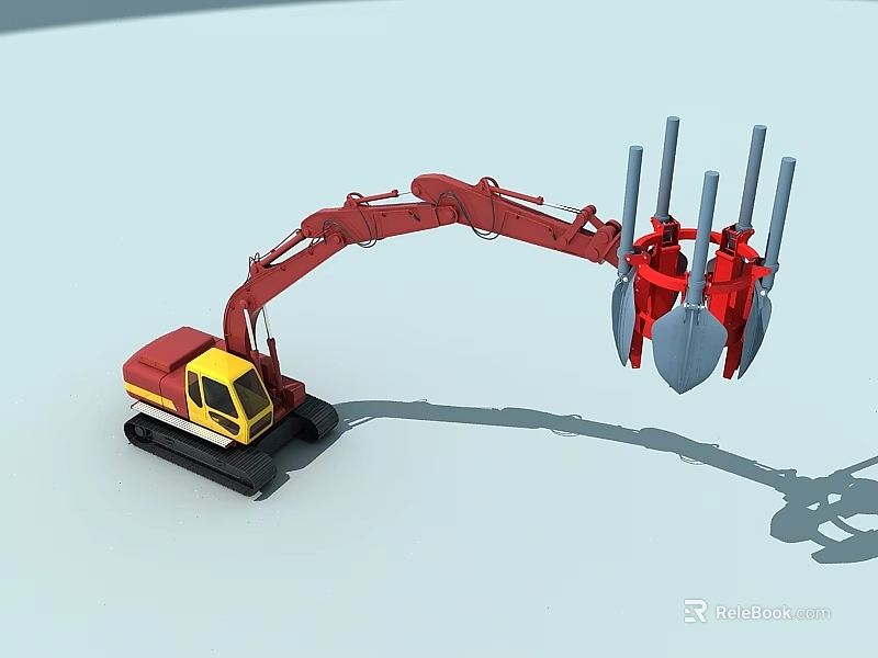 Red Tracked Excavator With Extended Arm And Multiple Shovels For Construction 3d model