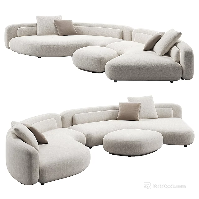 Modern Beige Sectional Sofa with Plush Pillows and Round Ottoman 3d model