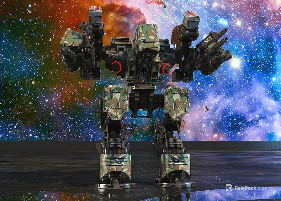 Intelligent Mech Robot with Camouflage Paint Multiple Weaponry Standing Against Colorful Starry Space Background 3d model 
