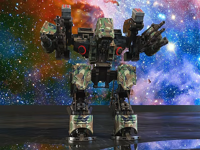 Intelligent Mech Robot with Camouflage Paint Multiple Weaponry Standing Against Colorful Starry Space Background 3d model