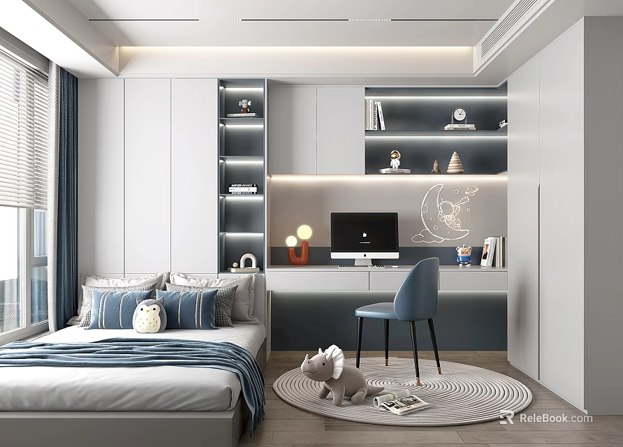 Modern Tatami Bedroom Interior With Desk Computer Blue Chair And Decorative Shelves 3d model 