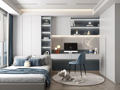 Modern Tatami Bedroom Interior With Desk Computer Blue Chair And Decorative Shelves 3d model