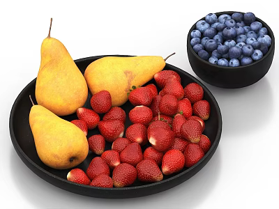 Fresh Ripe Pears Juicy Strawberries and Blueberries in Black Plate and Bowl 3d model