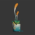 Broken White And Blue Cup With Yellow Plants Slender Stems And Fragments