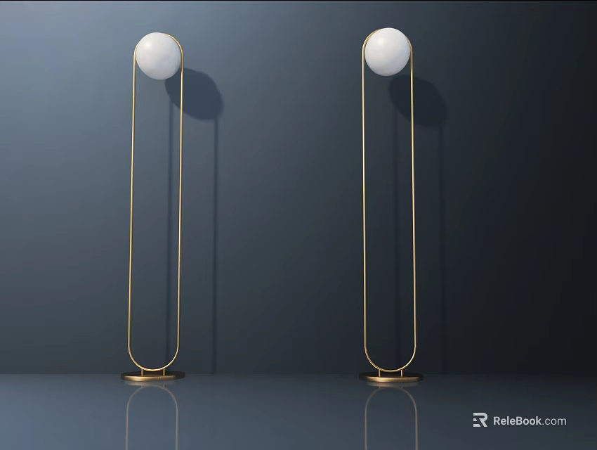 Two Floor Lamps With Golden Frame And White Spherical Lampshade On Dark Background With Reflection 3d model 