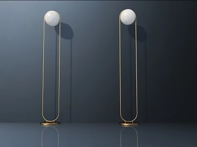 Two Floor Lamps With Golden Frame And White Spherical Lampshade On Dark Background With Reflection 3d model