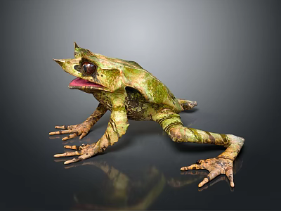 Unique Horned Frog With Green Brown Skin Crawling On Dark Surface 3d model