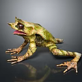 Unique Horned Frog With Green Brown Skin Crawling On Dark Surface