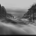Traditional Chinese Landscape Painting with Misty Mountains Calm Water Pavilion and Bare Trees