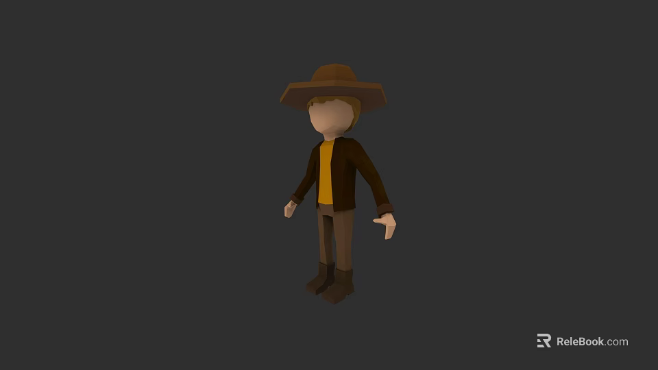 3D Stylized Game and Movie Character With Brown Hat Brown Jacket and Yellow Shirt 3d model 