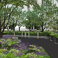 Serene Residential Landscape with Trees Lawn Pathway Flower Beds and Multi story Building