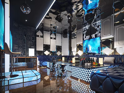 Modern KTV Lounge With Mirror Walls Blue Lighting TV Screen Bar Counter And Sofa Seats 3d model