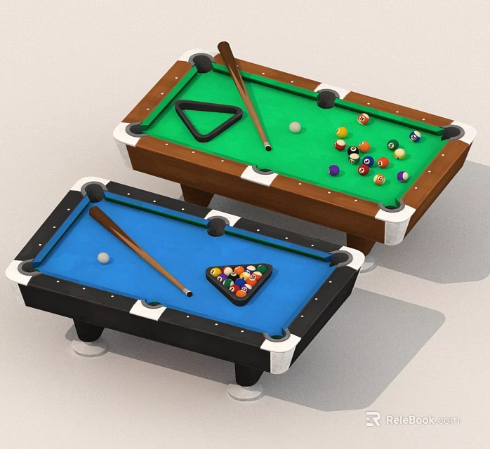 Colorful Pool Tables With Green Blue Felt Cues Balls And Triangle Racks 3d model 